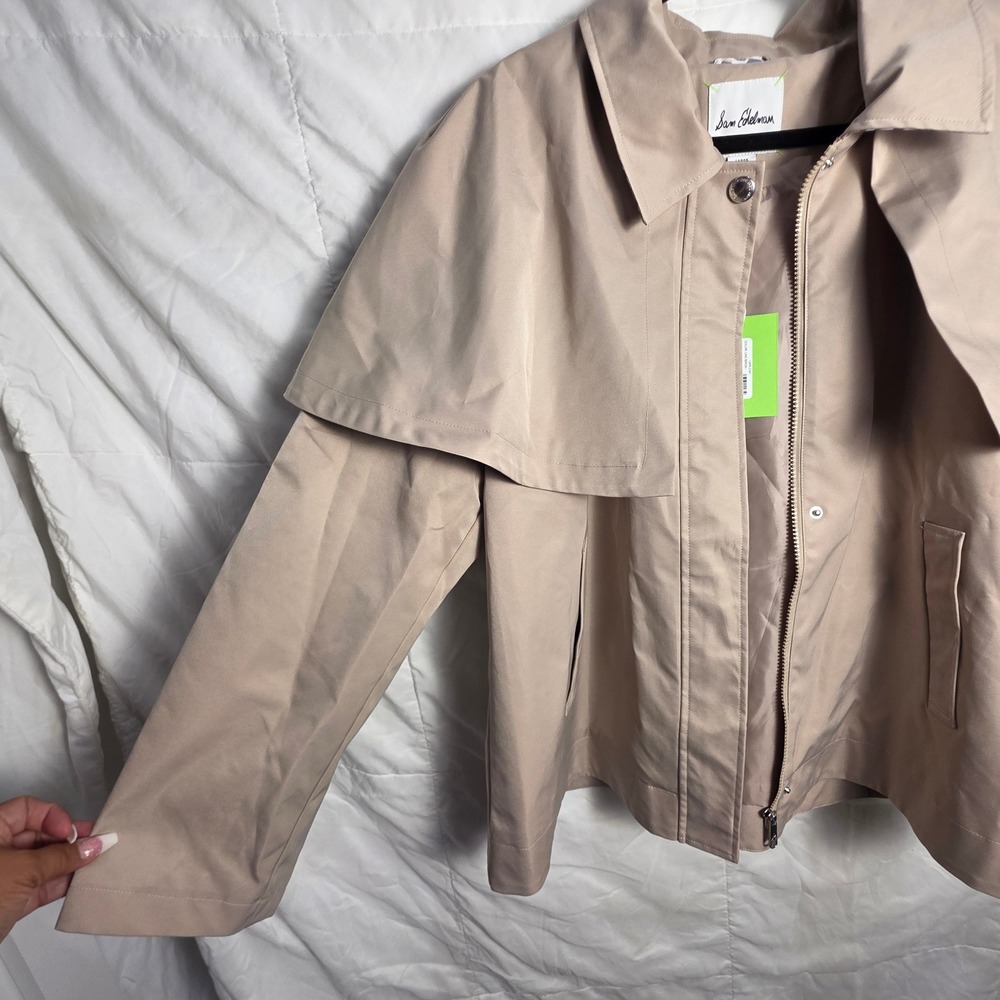 Sam Edelman Cape Trench Jacket Beige Leopard Trim Zip Front Utility Quiet Luxury - Picture 2 of 9